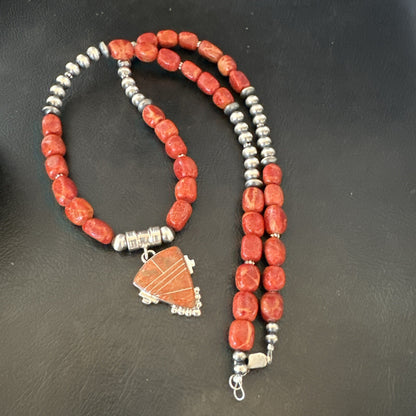Navajo Apple Sponge Coral Sterling Silver Necklace Inlay Pendant 21” 18685