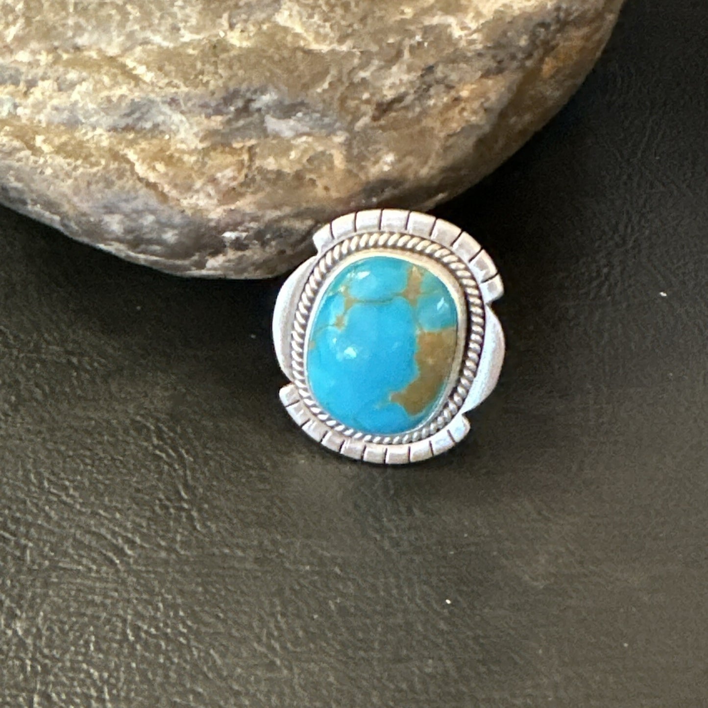 Blue Kingman Turquoise Navajo Sterling Silver Adjustable Ring Size 7 18824