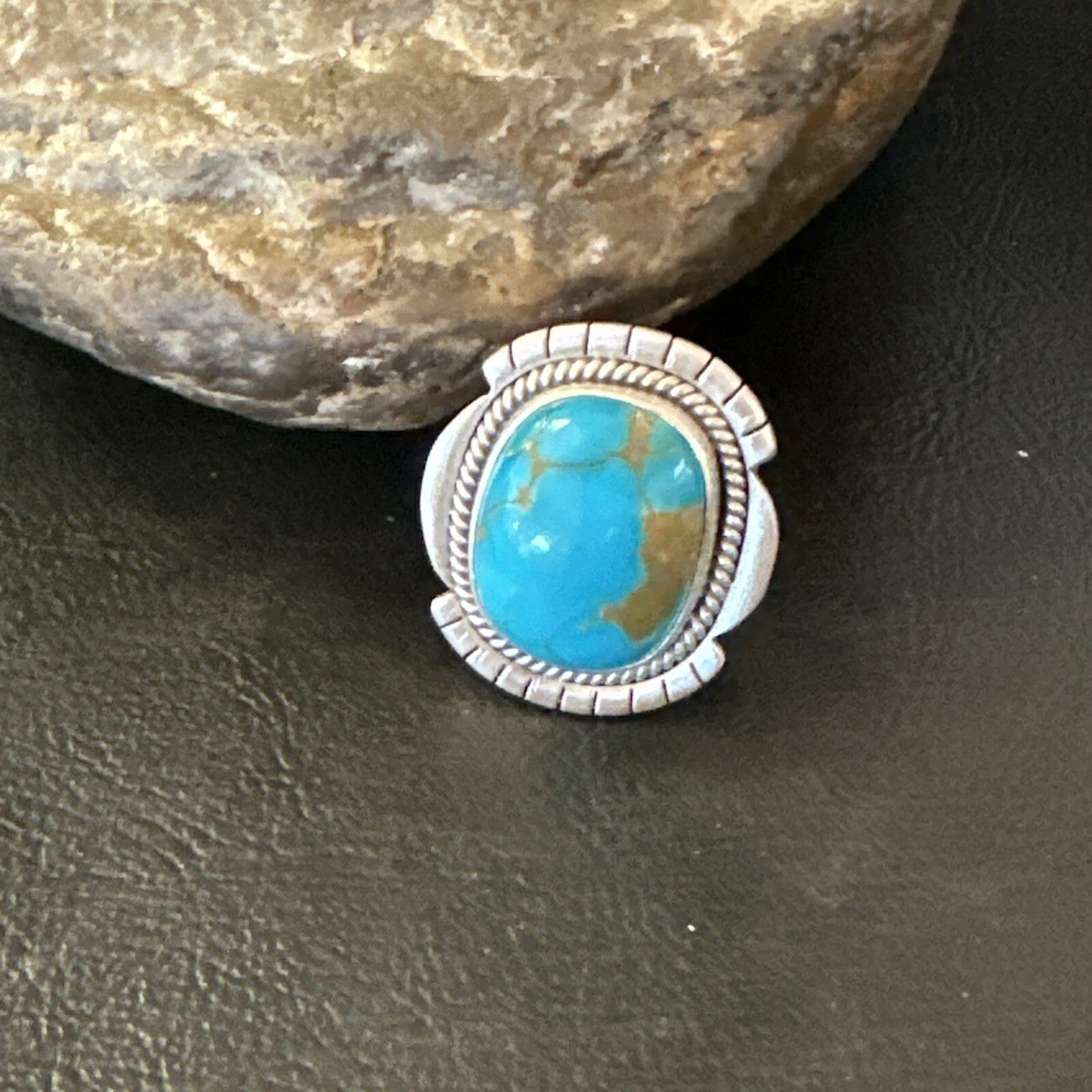 Blue Kingman Turquoise Navajo Sterling Silver Adjustable Ring Size 7 18824