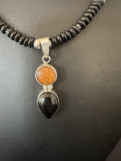 Mens Womens Black Onyx Amber Pendant Navajo Sterling Silver Necklace 18335