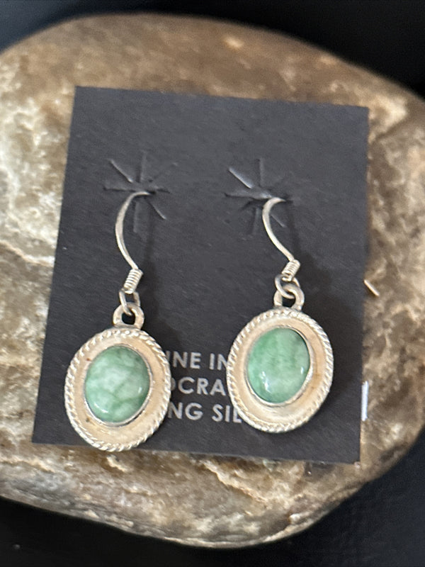 Navajo Green Turquoise Dangle Earrings | Sterling Silver | Authentic Native American Handmade | 14780