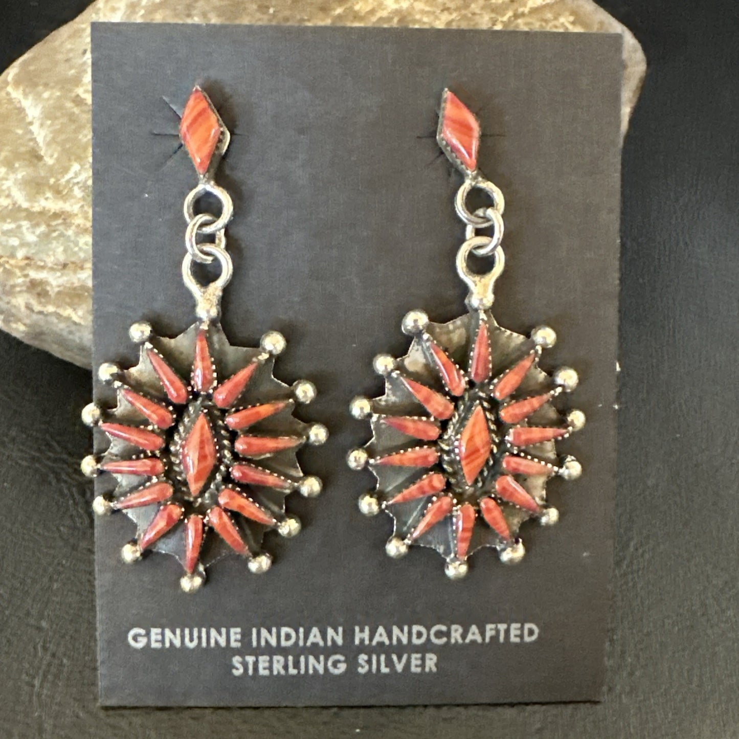 Red Coral Needlepoint Zuni Sterling Silver Dangle Earrings 19100