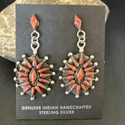 Red Coral Needlepoint Zuni Dangle Earrings | Sterling Silver | Authentic Native American Handmade | 19100
