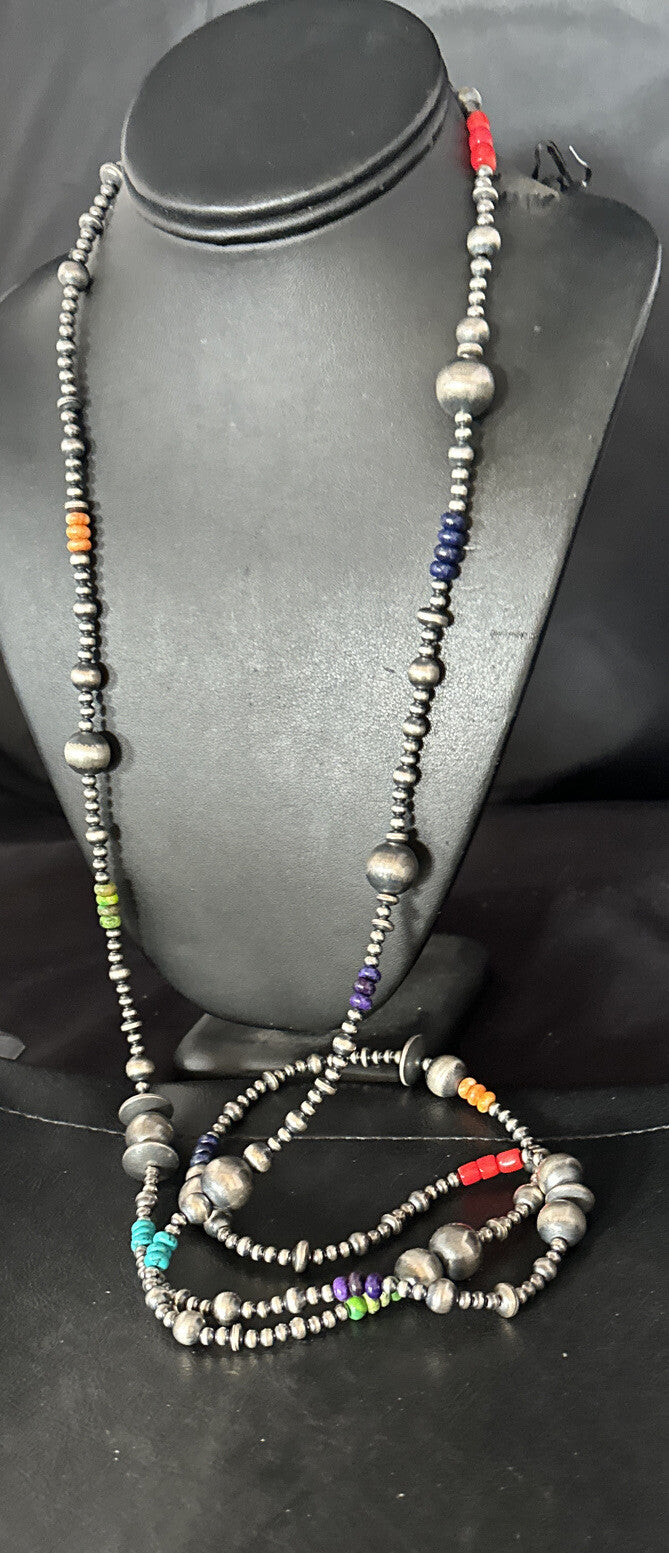 Turquoise, Coral Spiny Oyster Navajo Pearls Sterling Silver Bead Necklace 48"