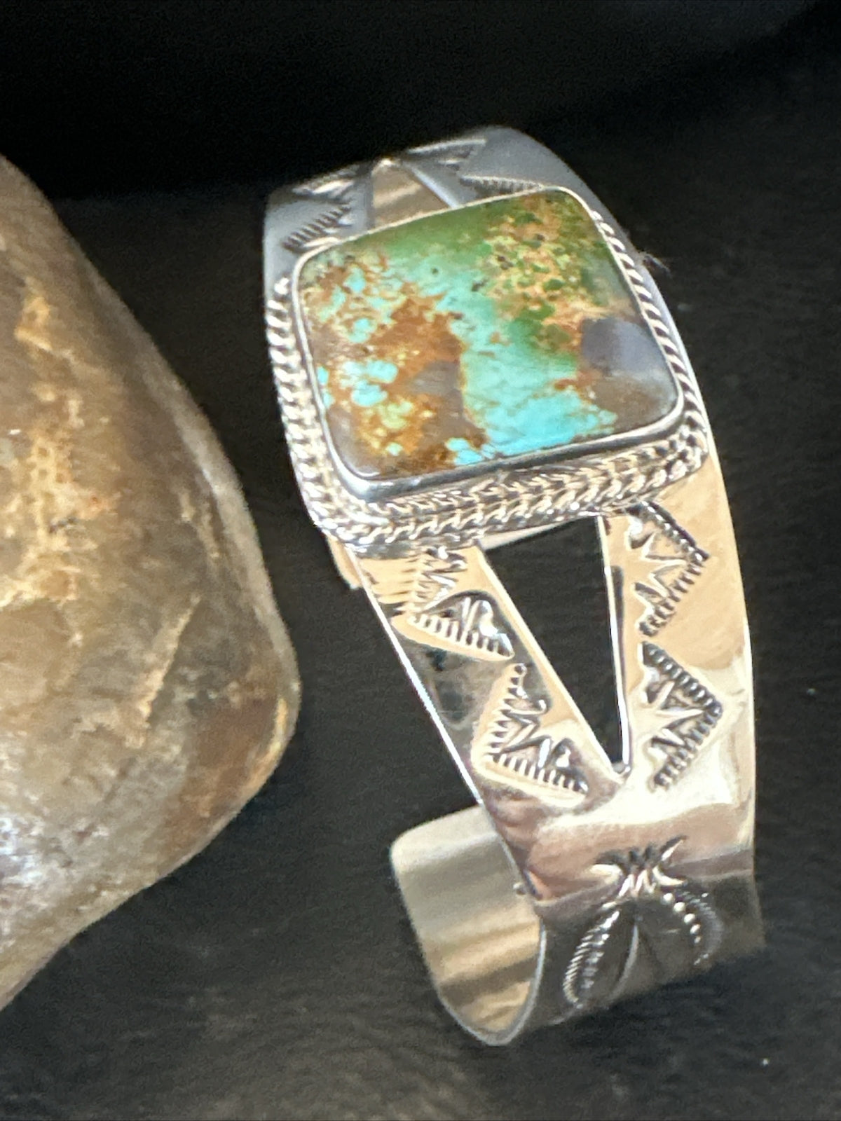 Green Royston Turquoise Navajo Sterling Silver Cuff Bracelet 17856