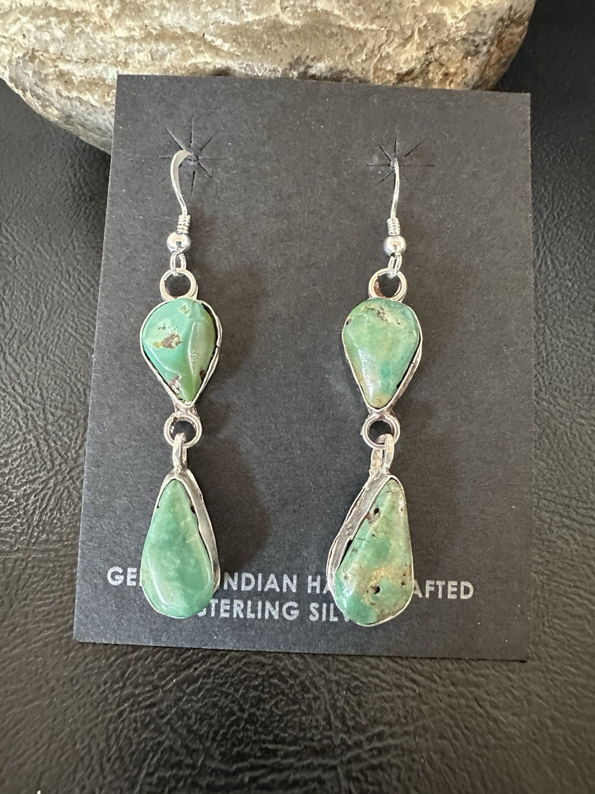 Green Royston Turquoise Navajo Sterling Silver Dangle Earrings 19380