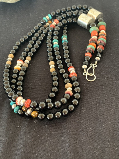 Turquoise Onyx Spiny Picture Jasper Navajo Sterling Silver Necklace 00380