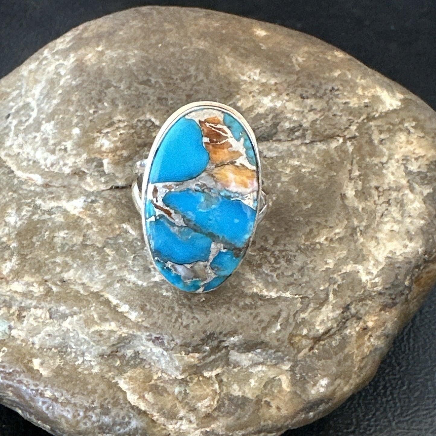 Blue Turquoise Spiny Oyster Southwestern Sterling Silver Ring Size 7 18443