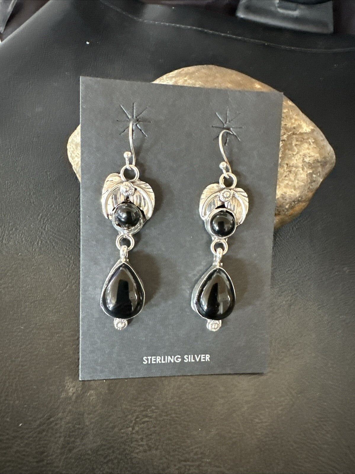 Black Onyx Navajo Sterling Silver Dangle Earrings 1.5" 18284