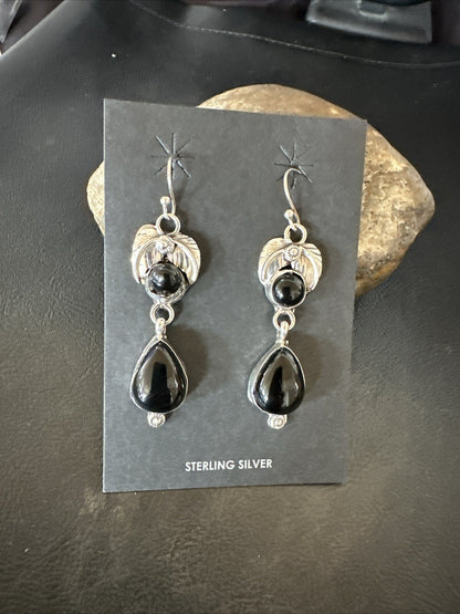 Black Onyx Navajo Sterling Silver Dangle Earrings 1.5" 18284