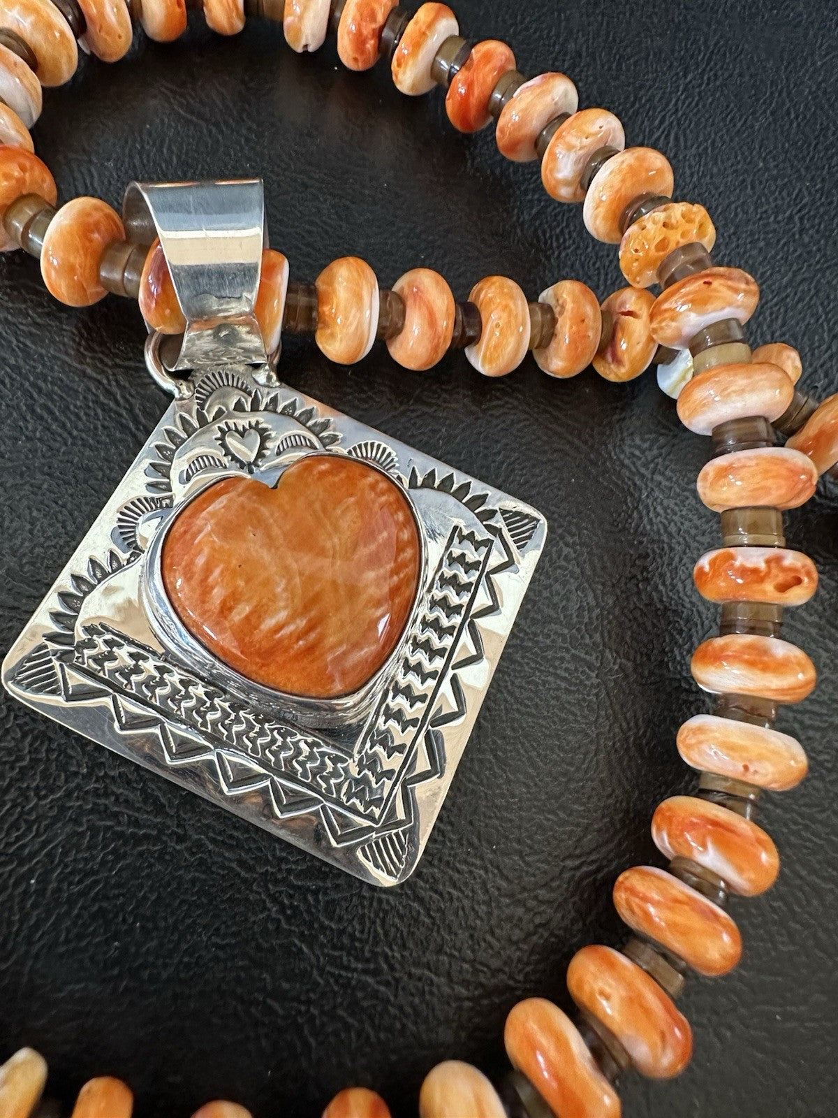 H Joe Orange Spiny Oyster Heart Pendant Navajo Sterling Silver Necklace 19480