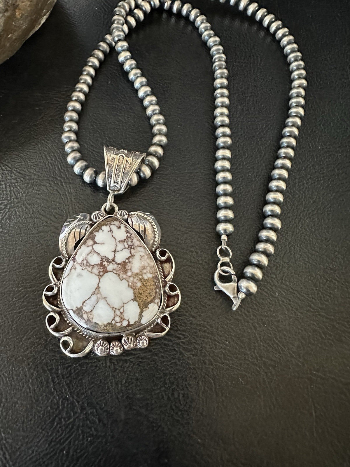 Navajo Pearls Sterling Silver Wild Crazy Horse Turquoise Necklace Pendant 19390
