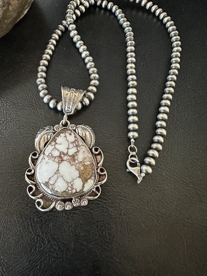Navajo Pearls Sterling Silver Wild Crazy Horse Turquoise Necklace Pendant 19390
