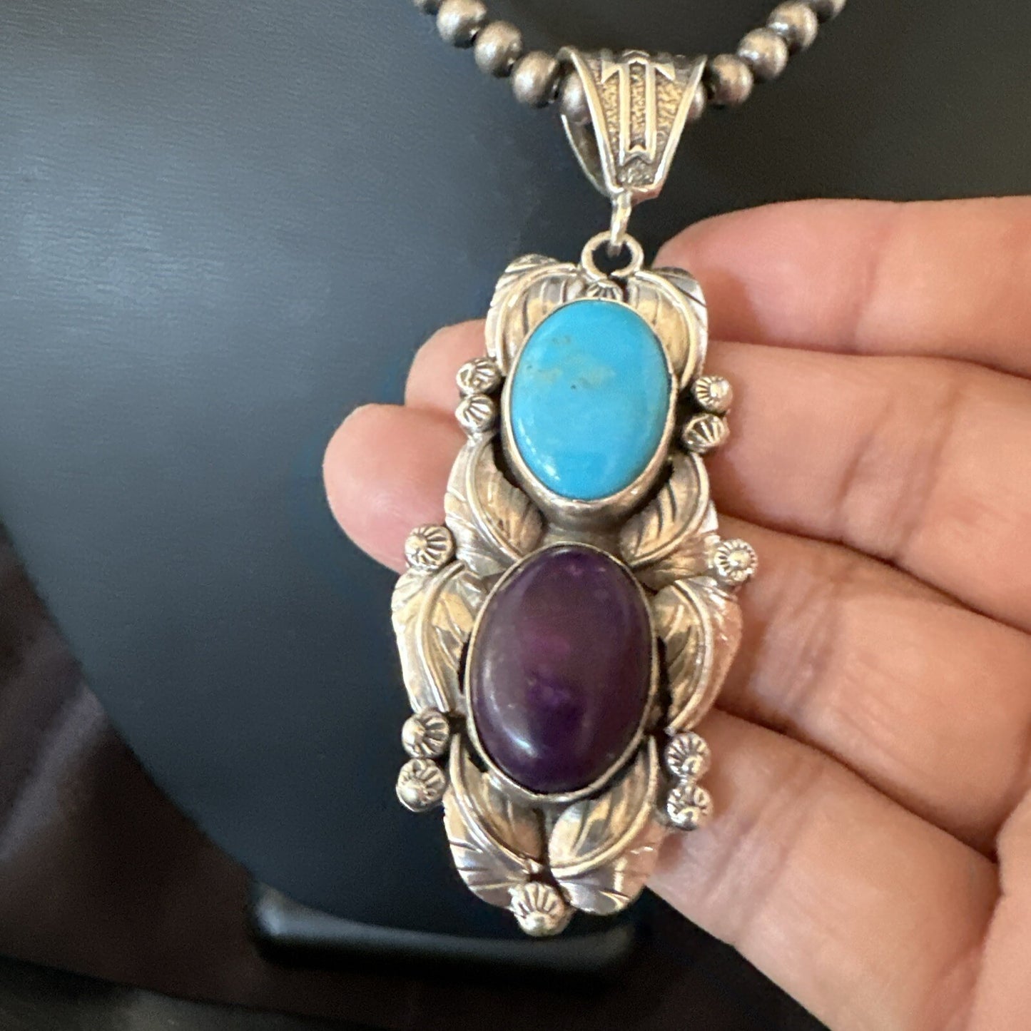 Blue Kingman Turquoise  Purple Stone Pendant Navajo Sterling Silver 18037