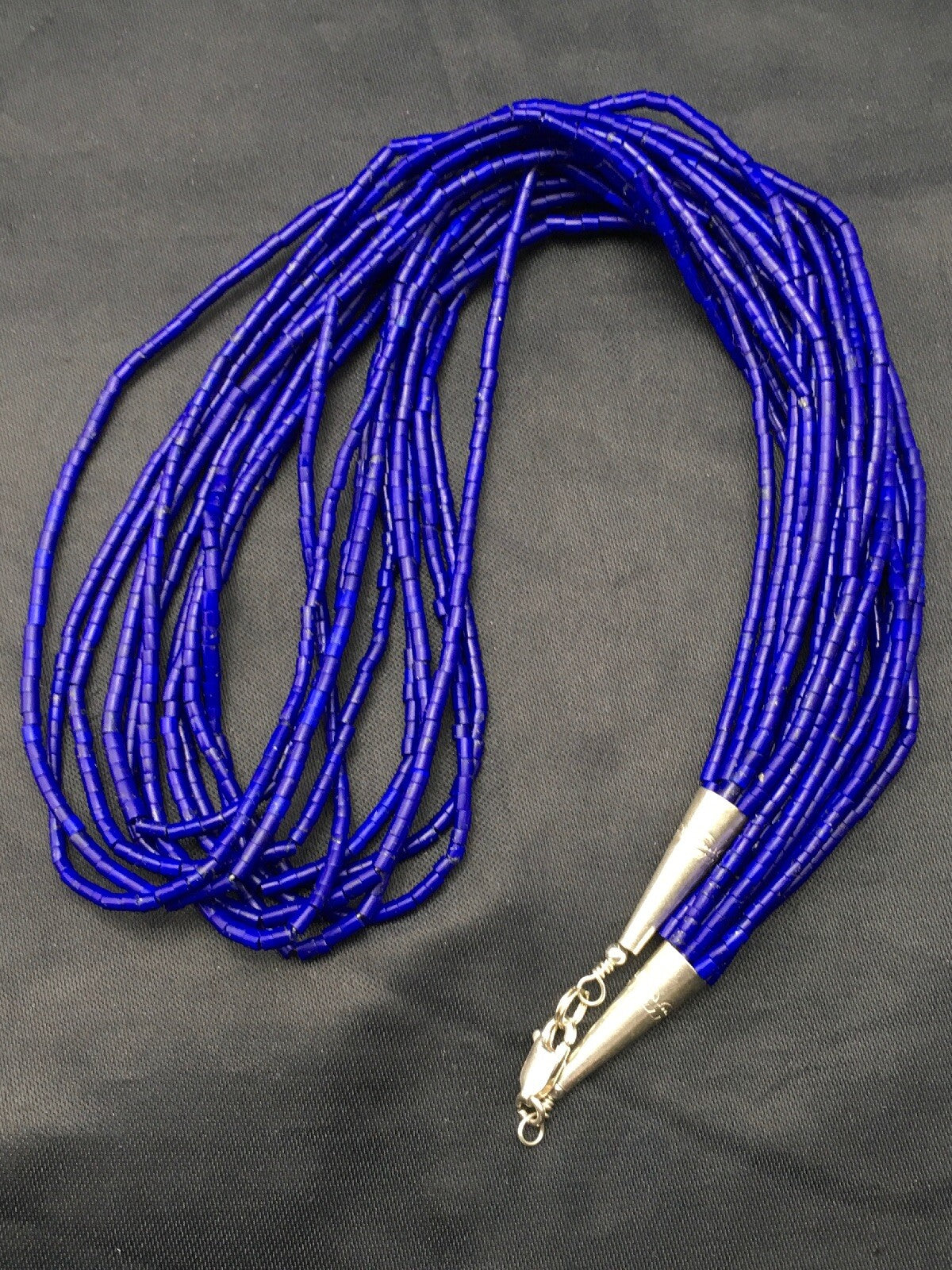 Stabilized Lapis Lazuli 10 Strand Sterling Silver Tube Heishi Necklace 26" 19714