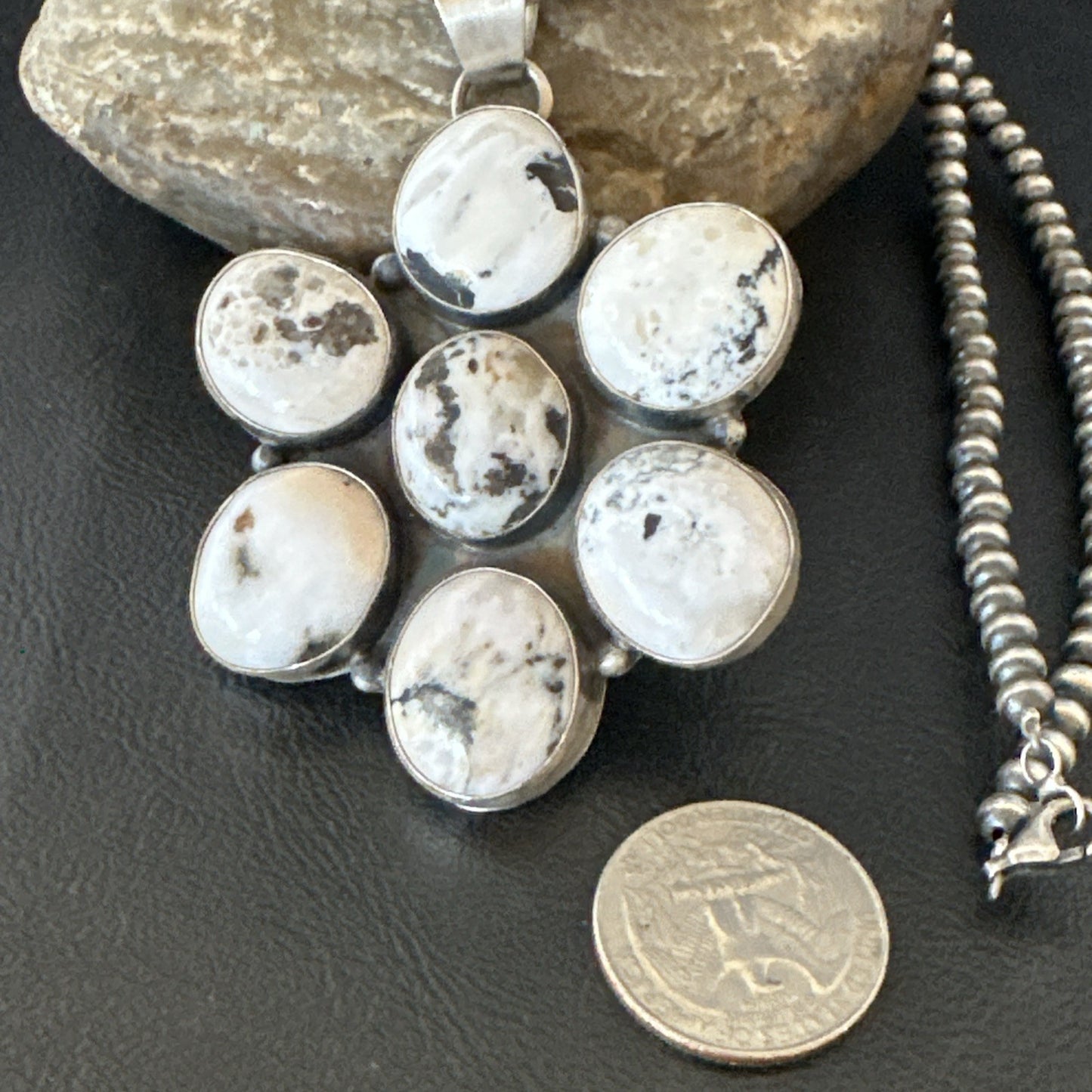 White Buffalo Turquoise Cluster Pendant Navajo Sterling Silver Necklace 19270