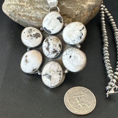 White Buffalo Turquoise Cluster Pendant Navajo Sterling Silver Necklace 19270
