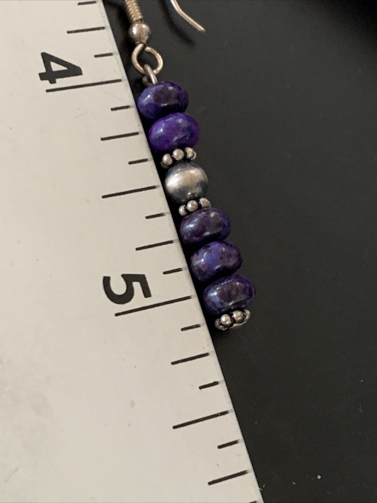 Purple Stone Navajo Sterling Silver Dangle Bead Earrings 1" 15353