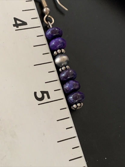 Purple Stone Navajo Sterling Silver Dangle Bead Earrings 1" 15353