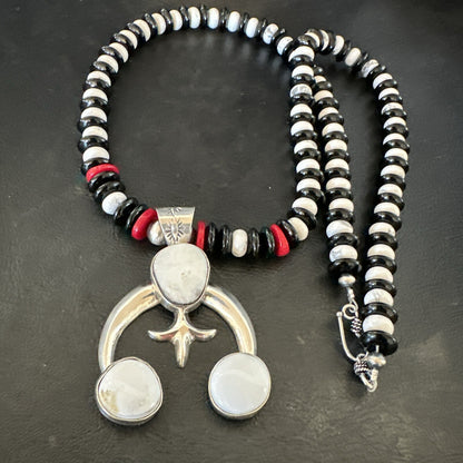White Buffalo Turquoise Naja Pendant Navajo Sterling Silver Onyx Necklace 17866