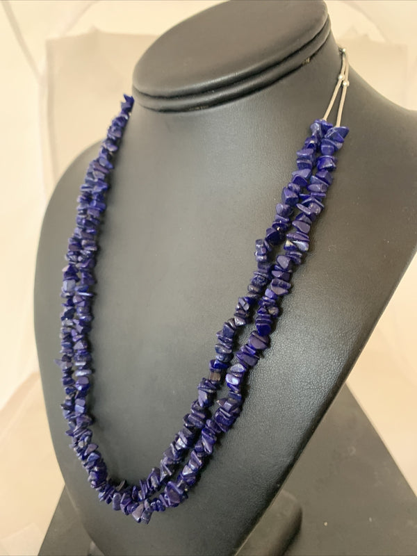 Blue Lapis Bead Liquid Heishi 2 Strands Tubes Necklace | Sterling Silver | Authentic Native American Handmade | 00853