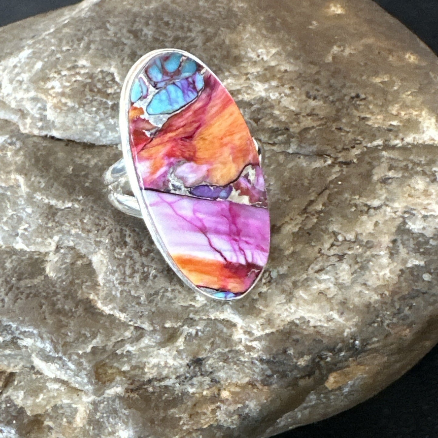 Blue Turquoise Spiny Oyster Southwestern Sterling Silver Ring Size 7 18493
