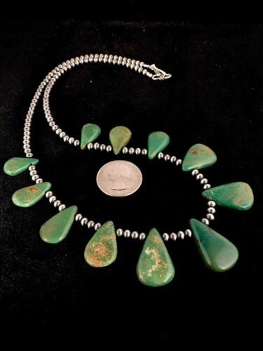 Navajo Green Turquoise Teardrop Necklace Sterling Silver Handmade 8744