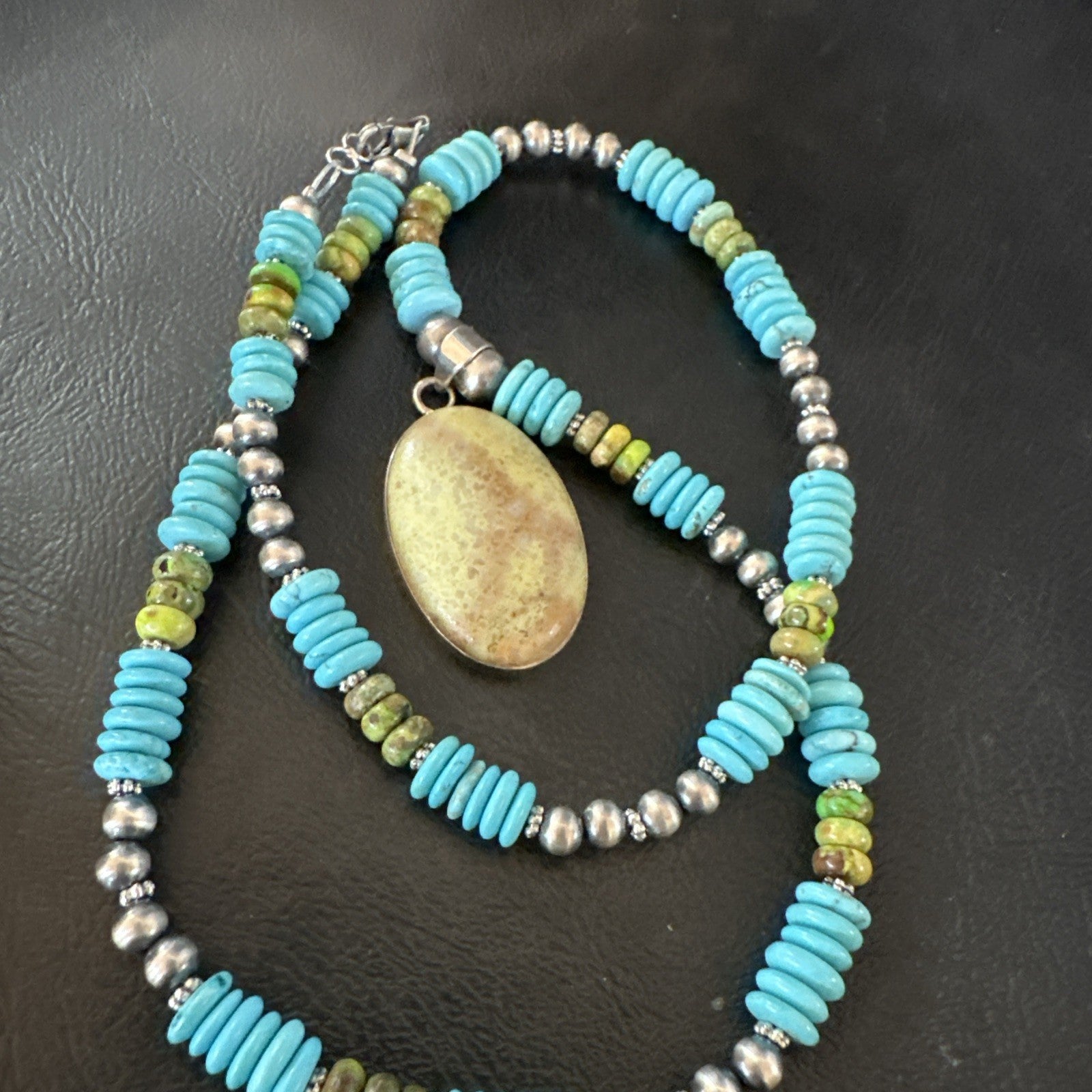 Green Gaspeite Pendant Blue Turquoise Navajo Sterling Silver Necklace 20" 19670
