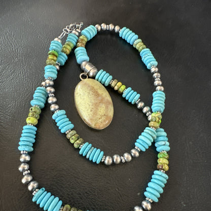 Green Gaspeite Pendant Blue Turquoise Navajo Sterling Silver Necklace 20" 19670