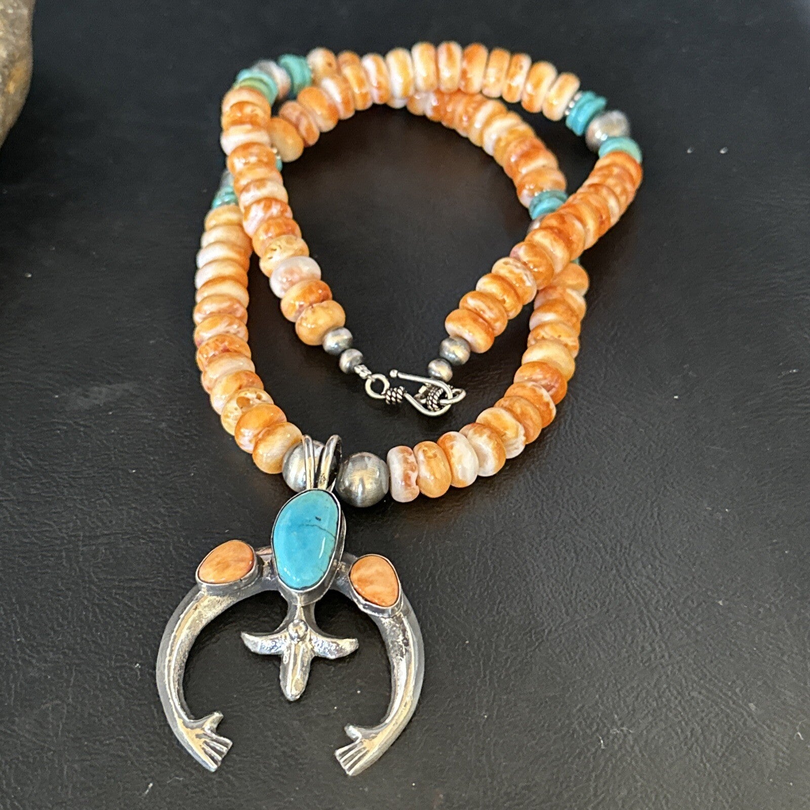 Blue Turquoise & Spiny Oyster Naja Pendant Navajo Sterling Silver Necklace 14811