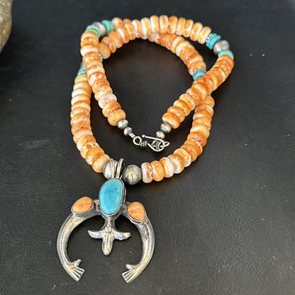 Blue Turquoise & Spiny Oyster Naja Pendant Navajo Sterling Silver Necklace 14811