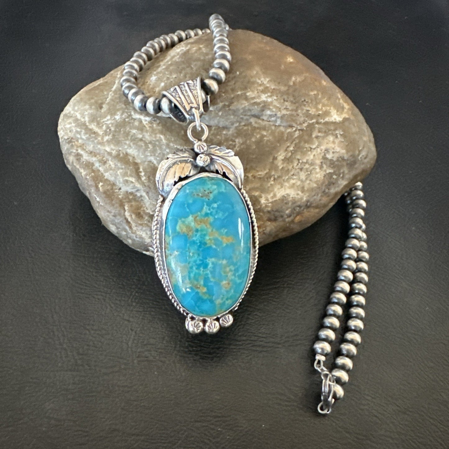 Mens Blue Kingman Turquoise Pendant Navajo Pearls Sterling Silver Necklace 19344