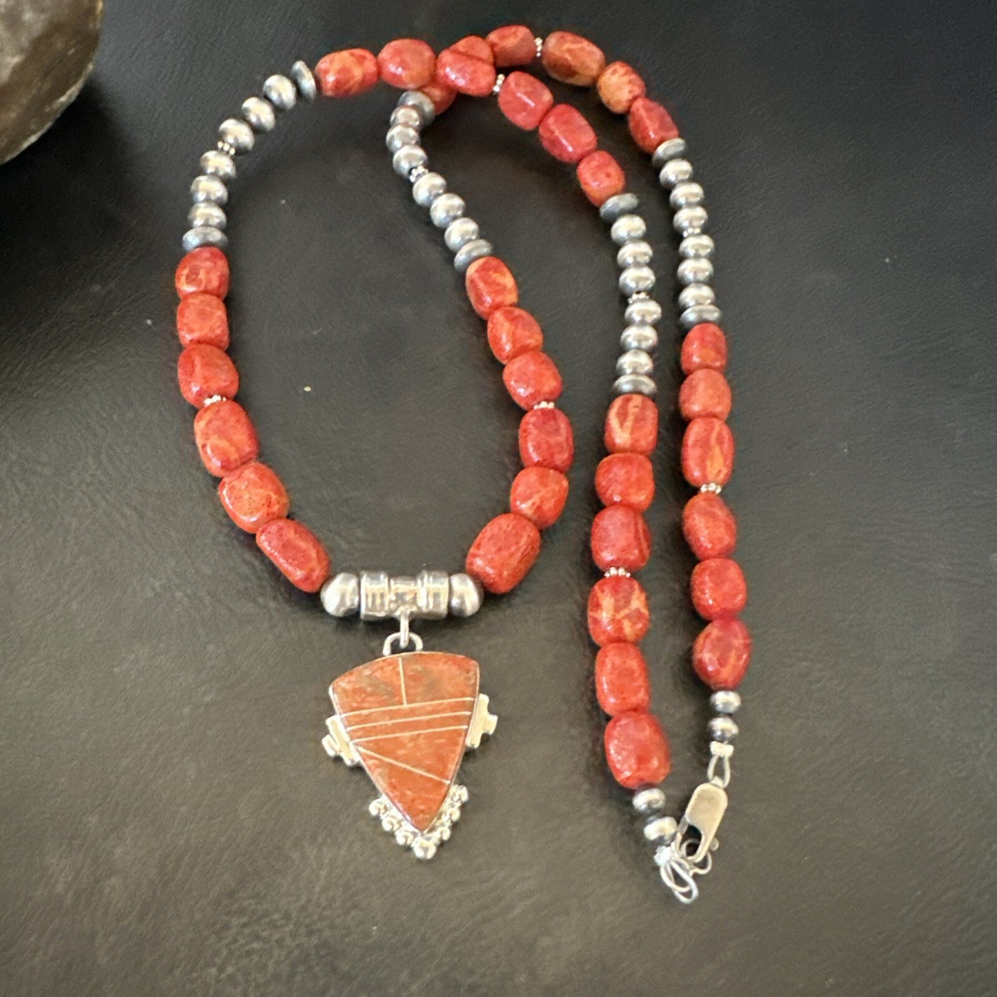Navajo Apple Sponge Coral Sterling Silver Necklace Inlay Pendant 21” 18685