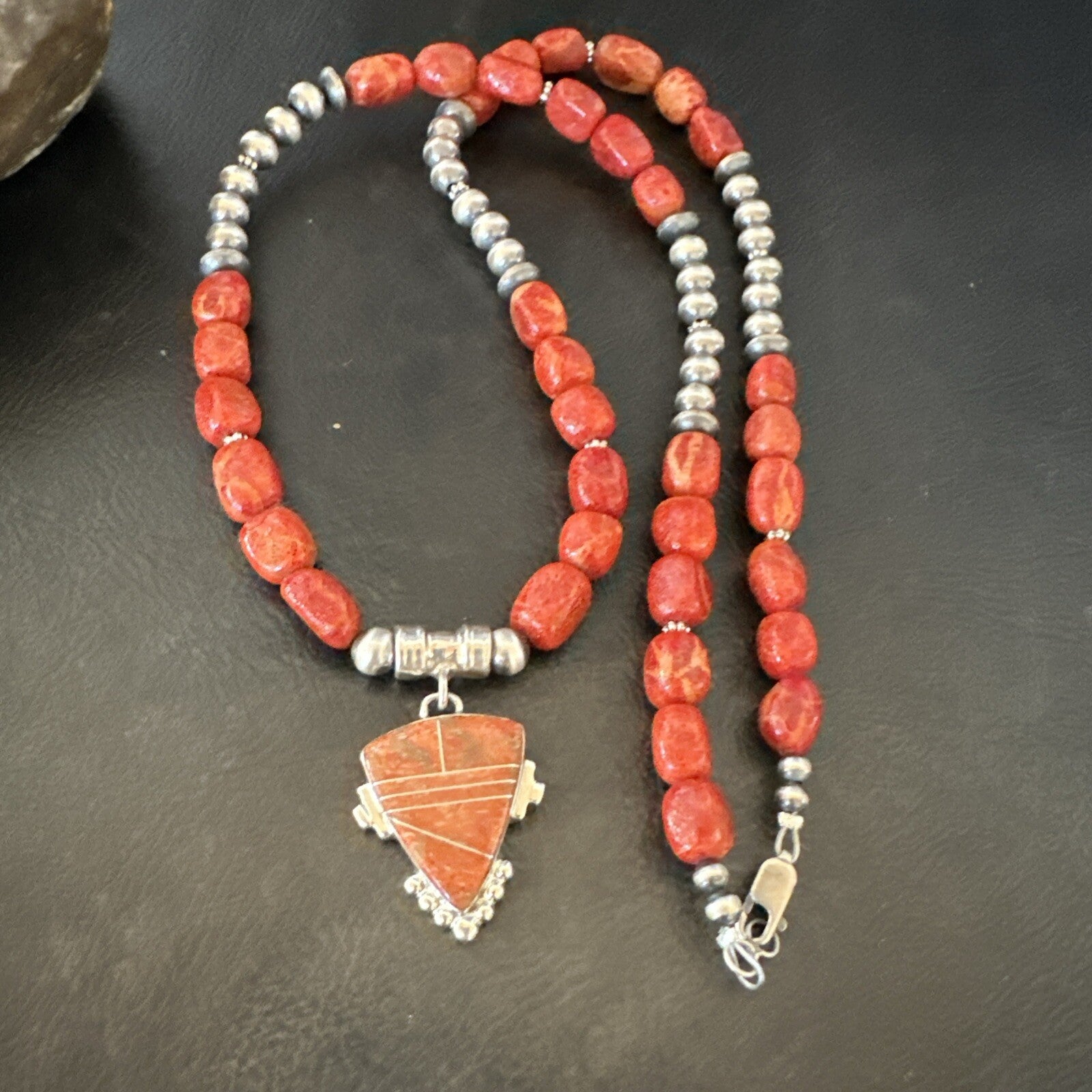 Navajo Apple Sponge Coral Sterling Silver Necklace Inlay Pendant 21” 18685