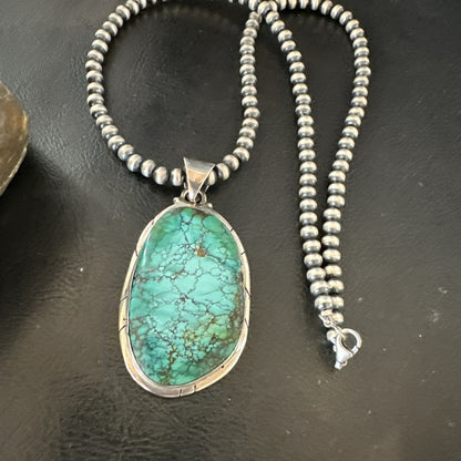 Blue  Green Spiderweb Turquoise Pendant  Sterling Silver Beads Necklace 19494