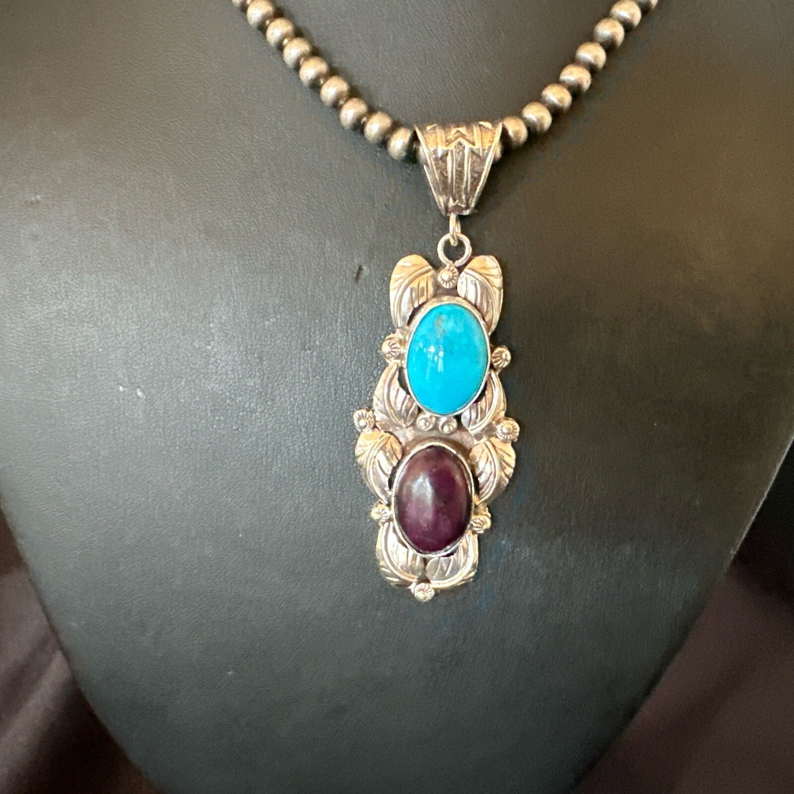 Blue Kingman Turquoise  Purple Stone Pendant Navajo Sterling Silver 18038