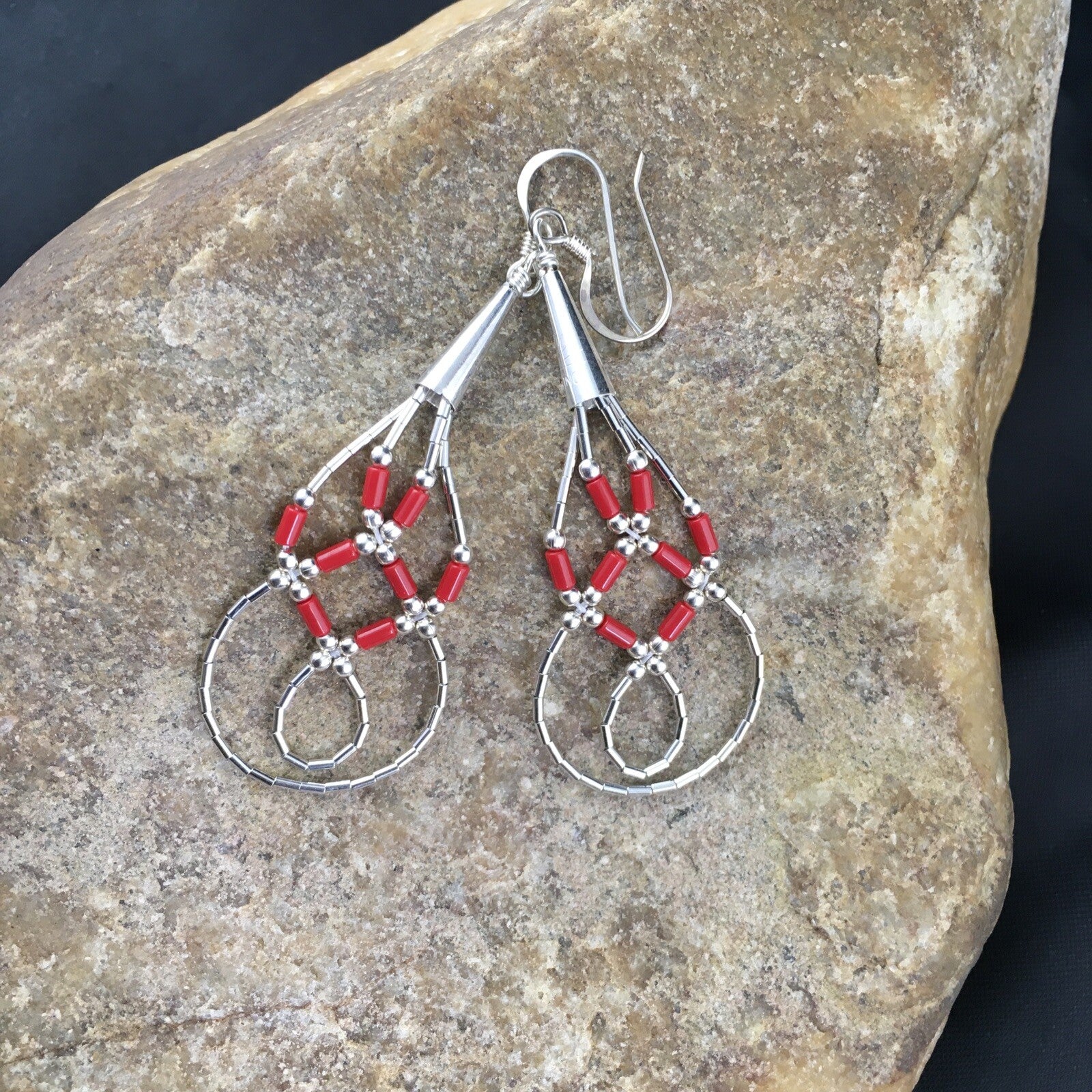 Native Red Coral Tube Heishi Dangle Liquid Sterling Silver Earrings 2" 03104