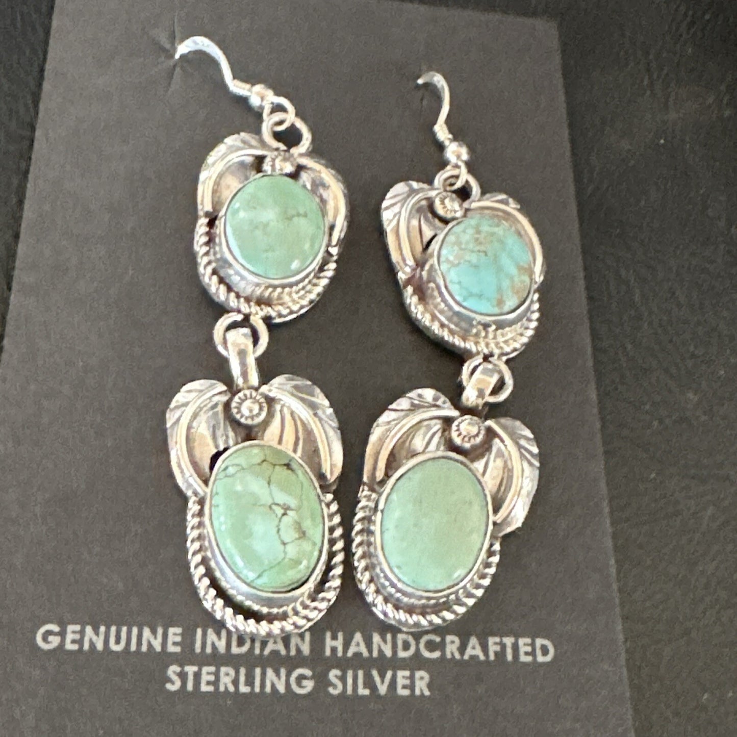 Native Navajo Blue Green Turquoise Sterling Silver Dangle Earrings 2” 17917