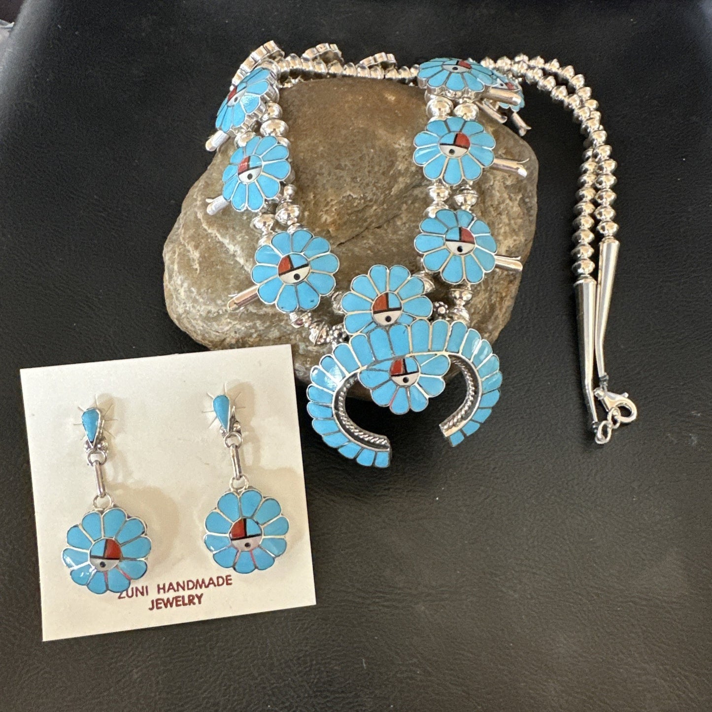 Old Pawn Sunface Turquoise Zuni Sterling Silver Squash Necklace Earrings 19289