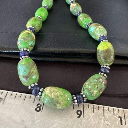 Green Turquoise Lapis Nugget Southwestern Sterling Silver Necklace 22" 19249