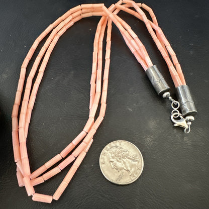 Native American Pink Coral Sterling Silver 3 Strand Necklace 21" 17817