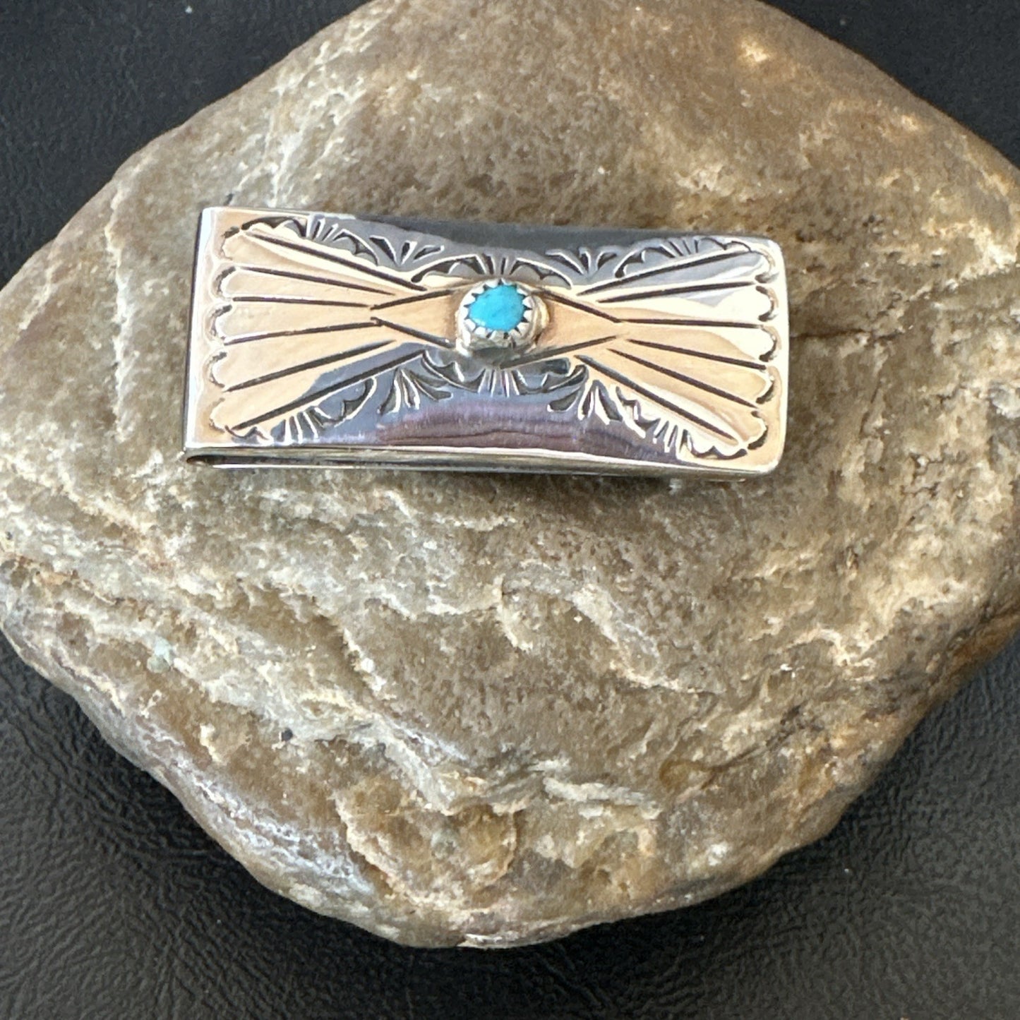 Mens Blue Turquoise Navajo Credit Card Holder Stamped Silver Money Clip 19734
