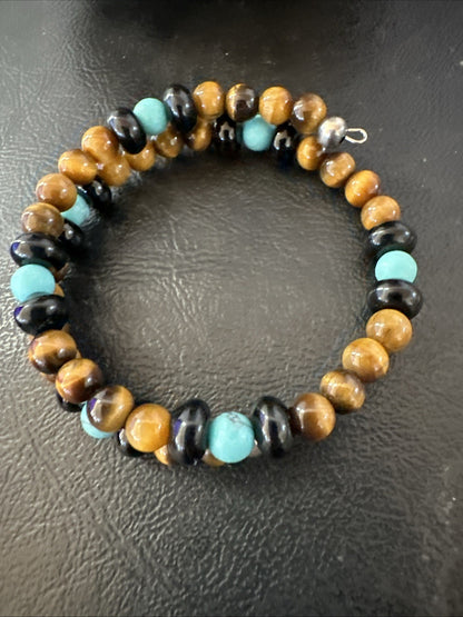 Blue Turquoise Coffee Tigers Eye Navajo Stainless Memory Wire Bracelet 19695