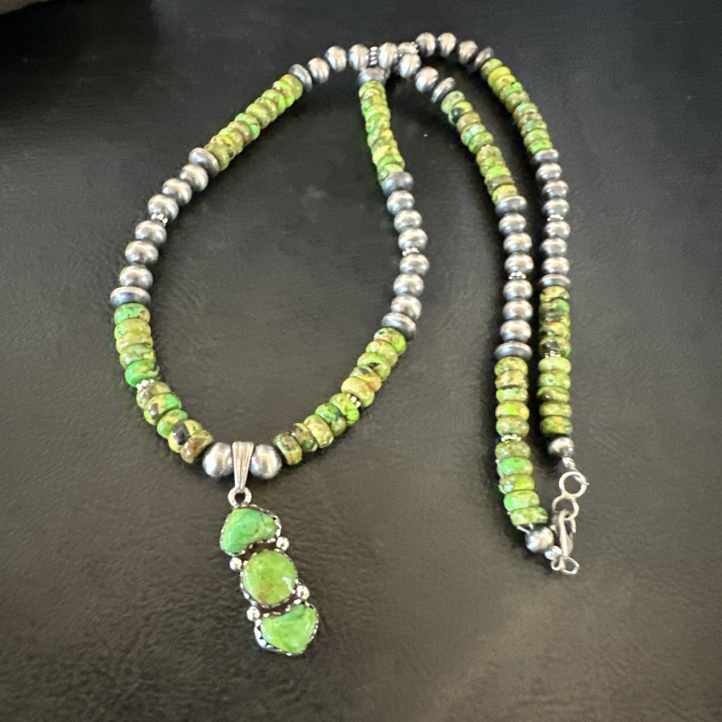 Womens Green Gaspeite Turquoise Pendant Navajo Sterling Silver Necklace 18388