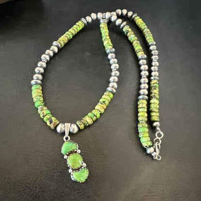 Womens Green Gaspeite Turquoise Pendant Navajo Sterling Silver Necklace 18388