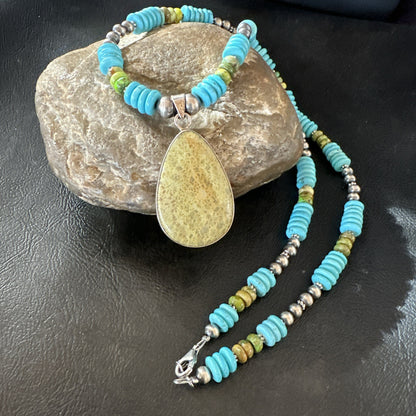 Green Gaspeite Pendant Blue Turquoise Navajo Sterling Silver Necklace 20" 19673