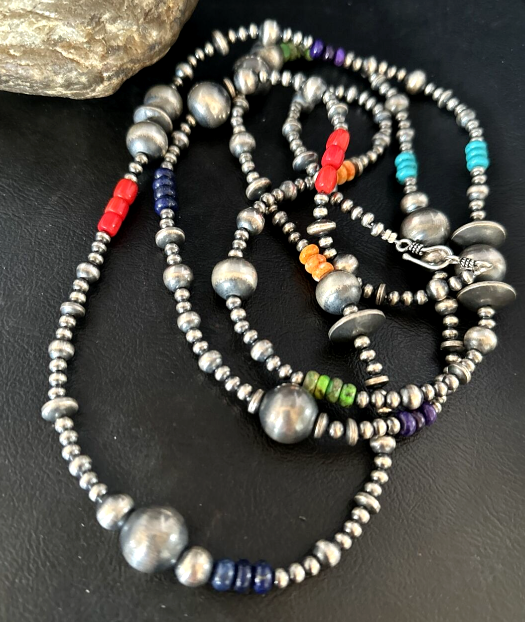 Turquoise Coral Spiny Oyster Navajo Pearls Sterling Silver Bead Necklace 51" -N