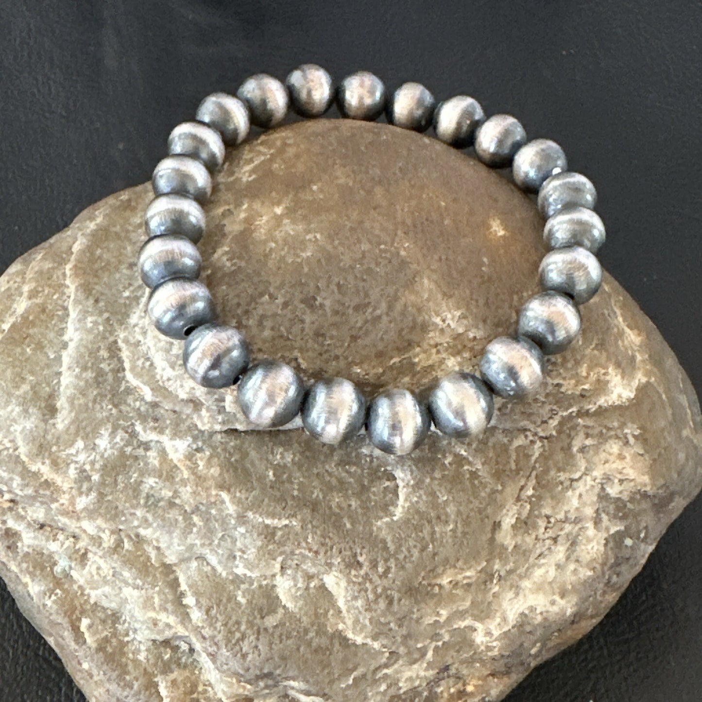 Native American Navajo 8mm Beads 7”Sterling Silver Stretch Bracelet 99087