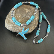 Blue Turquoise Opal HummingBird Inlay Pendant Navajo Necklace | Sterling Silver | Authentic Native American Handmade | 19500