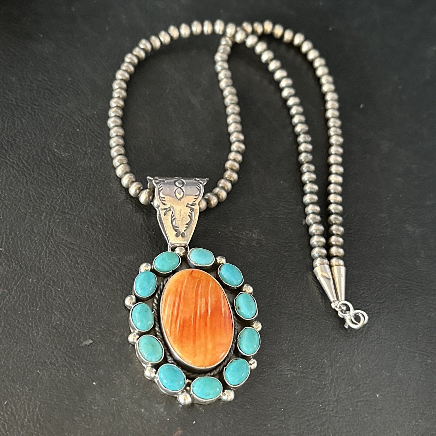 Blue Cluster Kingman Turquoise Sterling Orange Spiny Oyster Pendant 14354